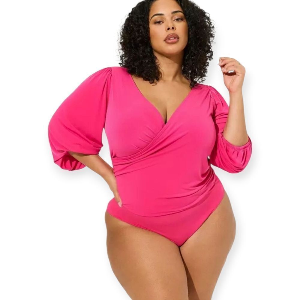 5X 28W Torrid Pink Knit Bodysuit Surplice V Neck Long Sleeve Snap Close Offfice